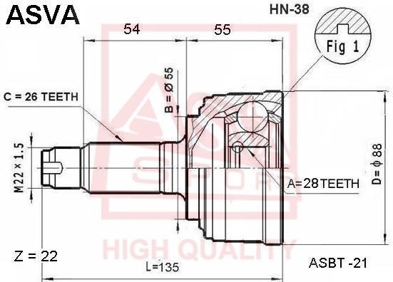 ASVA (HN38) ШРУС НАРУЖНЫЙ 28x55x26